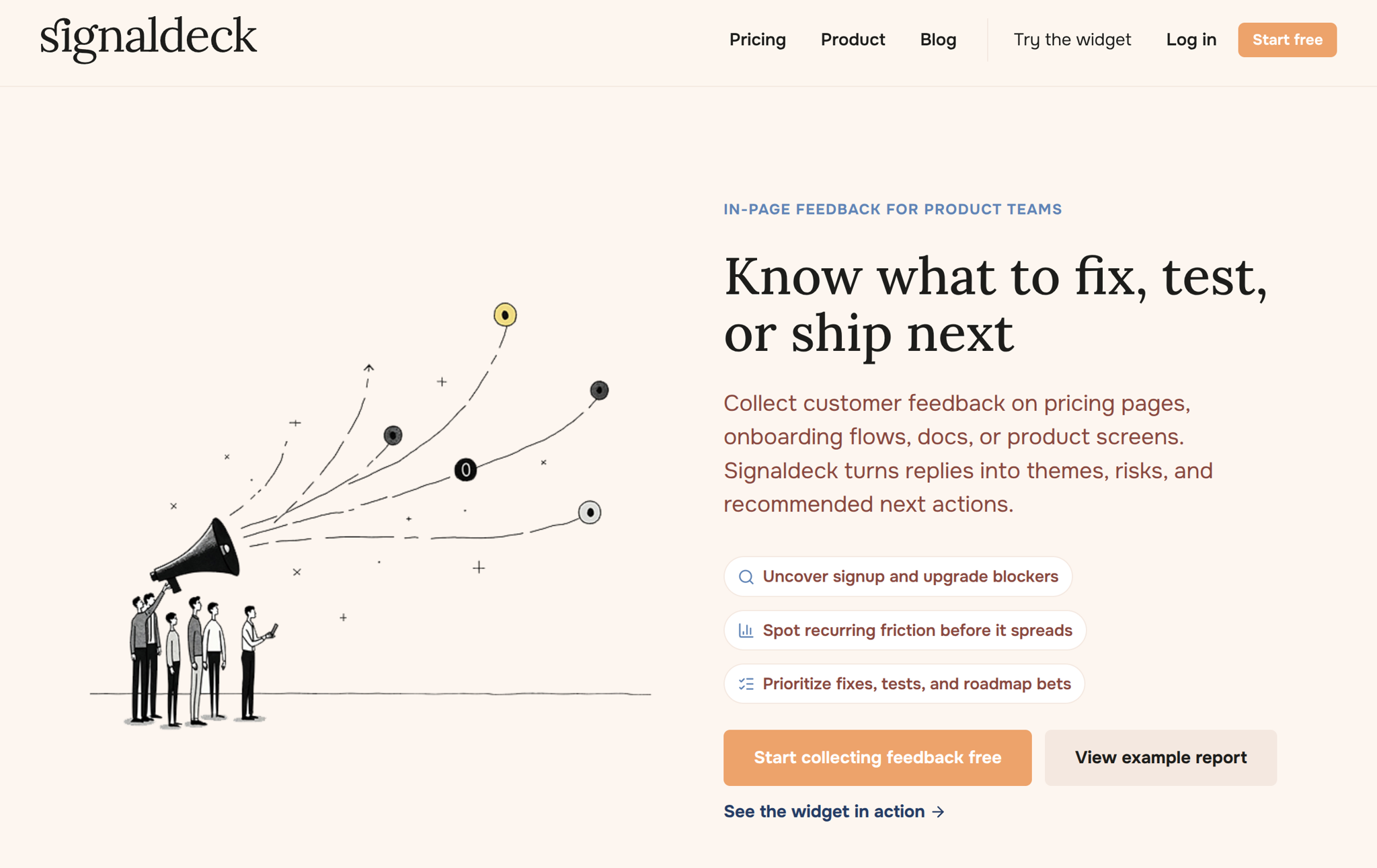 Signaldeck homepage introducing contextual customer feedback for product teams.