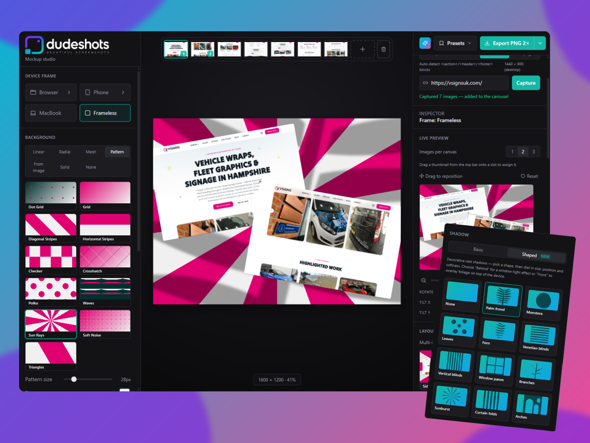 DudeShots editor showing a website screenshot framed in browser chrome on a gradient background